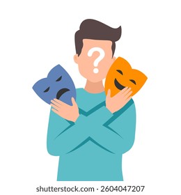 man shows two face mask with happy and unhappy mood. Person hiding true emotions, psychological problems. Fake feelings, mental disorder changing personality. Manic depression, bipolar illness