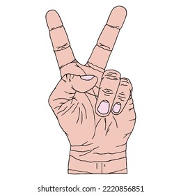 Man shows a victory gesture. Hand Drawn. Freehand drawing. Sketch.	