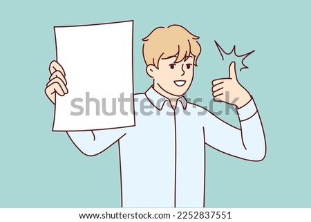 Man shows white sheet of paper and raises thumb up recommending cool investment offer. Young guy in shirt office worker demonstrating document for business concept. Flat vector illustration