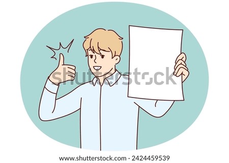 Man shows white sheet of paper and raises thumb up recommending cool investment offer. Young guy in shirt office worker demonstrating document for business concept. Flat vector illustration