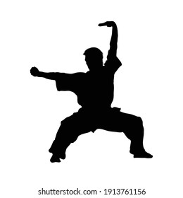 Man shows wushu while standing. Wushu art. Kung Fu karate. Silhouette. Vector illustration