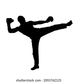 Man shows wushu while standing. Wushu art. Kung Fu karate. Silhouette. Vector illustration