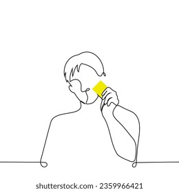 man shows a yellow square sheet of paper - one line art vector. concept the referee shows a yellow card