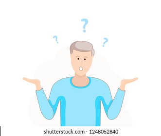 A man is shrugging with a curious expression. Search solution. Modern hand drawn vector illustrations design.