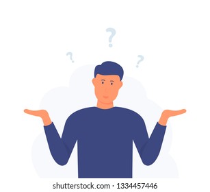 A man is shrugging with a curious expression. Search solution. Modern hand drawn cartoon vector illustrations.