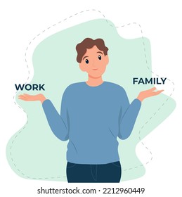 Man shrugging with a curious expression and trying to choose between work and family, doubt or question, vector illustration in flat style


