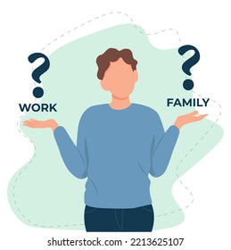 Man shrugging with a curious expression and trying to choose between work and family, doubt or question, vector illustration in flat style

