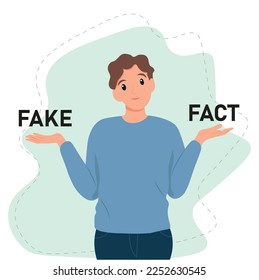Man shrugging with a curious expression and trying to choose between fake and fact, doubt or question, vector illustration in flat style

