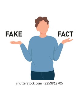 Man shrugging with a curious expression and trying to choose between fake and fact, doubt or question, vector illustration in flat style

