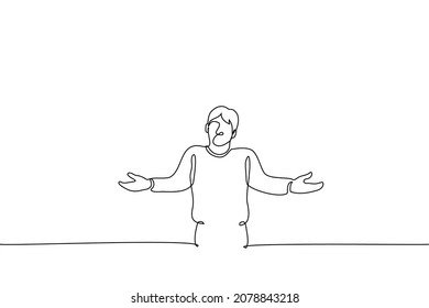 man shrugs his shoulders spreading his arms to the sides - one line drawing vector. confusion gesture, nothing can be changed, it remains only to accept 