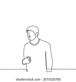 man shyly presses almost closed palm to his chest (belly) - one line drawing vector. concept of insecure person points to himself, embarrassed man declares himself; pluck up courage to volunteer first