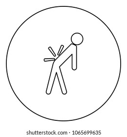 Man a with sick back . Backache black icon in circle