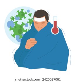 hombre enfermo con temperatura caliente fría en ilustración plana