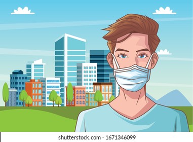 man sick in corona virus scene vector illustration design