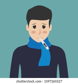 Man sick fever using thermometer, flat design vector illustration