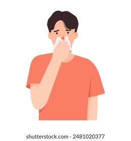 Man is sick, has an itchy nose, has a cold and has a runny nose.Vector illustration isolated on white background.