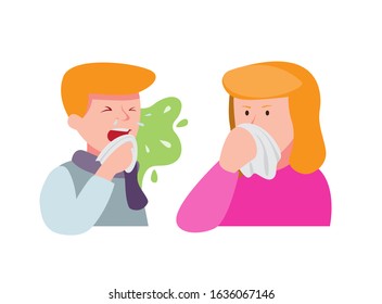 man sick influenza sneeze between girl close their nose, airborne disease on people cartoon flat illustration vector