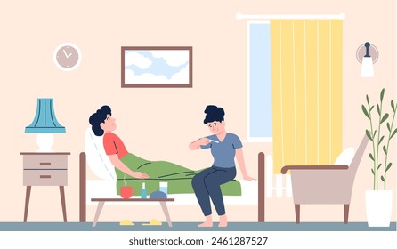 Man sick on sofa at home. Cold or influenza, ill guy and girl treats him. Couple sitting at home for recover. Cartoon healthcare recent vector scene