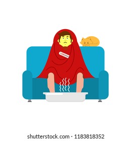 Man sick sitting in armchair wrapped in blanket. Guy illness sneezing. Unhappy having flu sitting on sofa. vector illustration