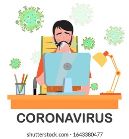 Man sick and spreads germs in the workplace. Concept of corona virus quarantine. Vector illustration.