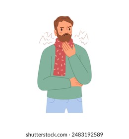 Man with sick symptoms flat cartoon person feeling unwell. Coughing male with headache. Character having cold, seasonal flu, high temperature, virus influenza, running nose