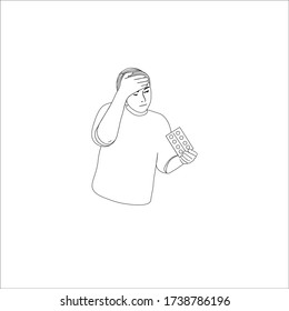 The man is sick, takes pills. Cartoon character showing headache symptoms. Flat vector illustration portrait. Infographic Design Element.
