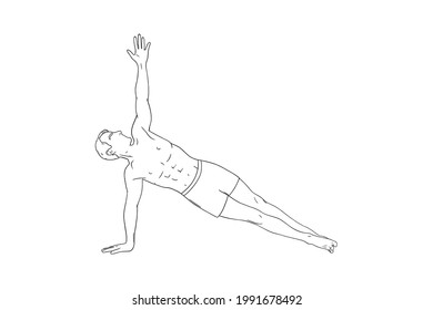 Man in side plank pose. Yogi man in vasisthasana isolated in white background. Sketch vector illustration isolated in white background