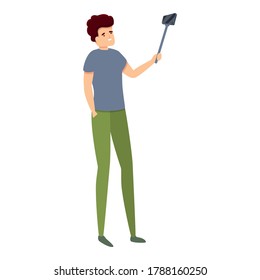 Man sightseeing selfie stick icon. Cartoon of man sightseeing selfie stick vector icon for web design isolated on white background