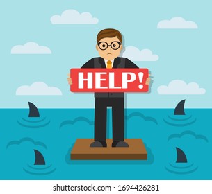 A man with a sign asks for help drifts on a board in a sea full of sharks