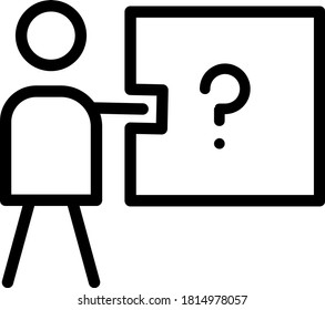 Hombre con signo de signo de signo de interrogación, tablero negro con icono de pregunta, signo, hombre indicar a preguntar en el tablero de signos, Vector.
