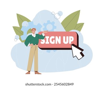 Man with sign up button. Young guy near red button. Design element for social networks and websites. Registration on site. Flat vector illustration isolated on white background