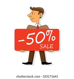 a man with a sign discounts