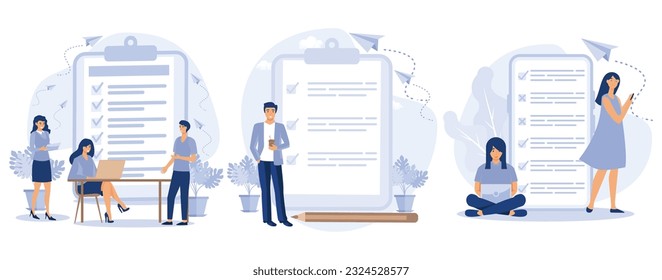 Man Sign Distance Learning Contract, e learning,  time management, checklist, business tasks. Online survey, set flat vector modern illustration