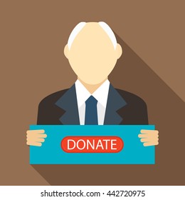 Man with a sign to donate icon in flat style with long shadow. Financial assistance to people symbol