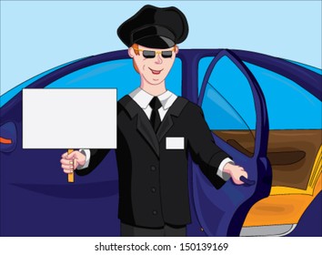A man with a sign greets passengers