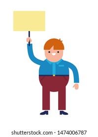 A man with a sign in his hand. A man holding a poster. Young guy. Vector drawing. Isolated object on white background. Colorful flat vector illustration