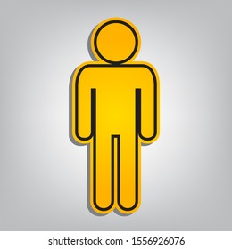 Man sign illustration. Flat orange icon with overlapping linear black icon with gray shadow at whitish background. Illustration.
