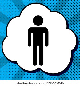 Man sign illustration. Vector. Black icon in bubble on blue pop-art background with rays.