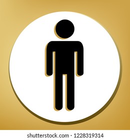 Man sign illustration. Vector. Black icon with light brown shadow in white circle with shaped ring at golden background.
