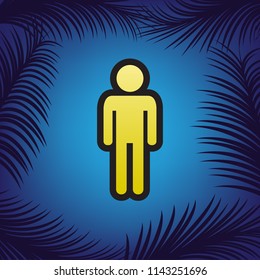 Man sign illustration. Vector. Golden icon with black contour at blue background with branches of palm trees.