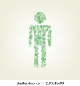 Man sign illustration. Vector. Green hexagon rastered icon and noised opacity and size at light green background with central light.