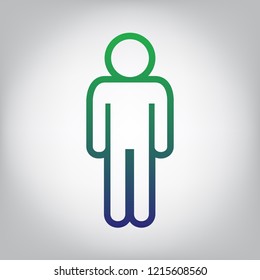 Man sign illustration. Vector. Green to blue gradient contour icon at grayish background with light in center.
