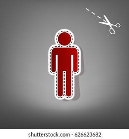 Man sign illustration. Vector. Red icon with for applique from paper with shadow on gray background with scissors.
