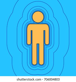 Man sign illustration. Vector. Sand color icon with black contour and equidistant blue contours like field at sky blue background. Like waves on map - island in ocean or sea.