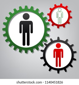 Man sign illustration. Vector. Three connected gears with icons at grayish background.
