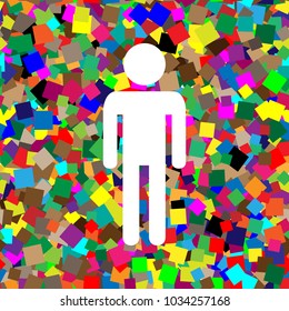 Man sign illustration. Vector. White icon on colorful background with seamless pattern from squares.