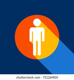 Man sign illustration. Vector. White icon on tangelo circle with infinite shadow of light at cool black background. Selective yellow and bright navy blue are produced.