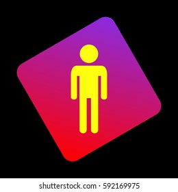 Man sign illustration. Vector. Yellow icon at violet-red gradient square with rounded corners rotated for dynamics on black background.