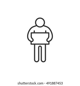 man with a sign line icon. man holding a banner in his hands, vector linear illustration