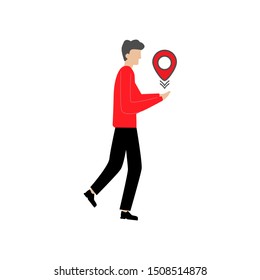 Man and sign locations. Flat cartoon character isolated on white background
